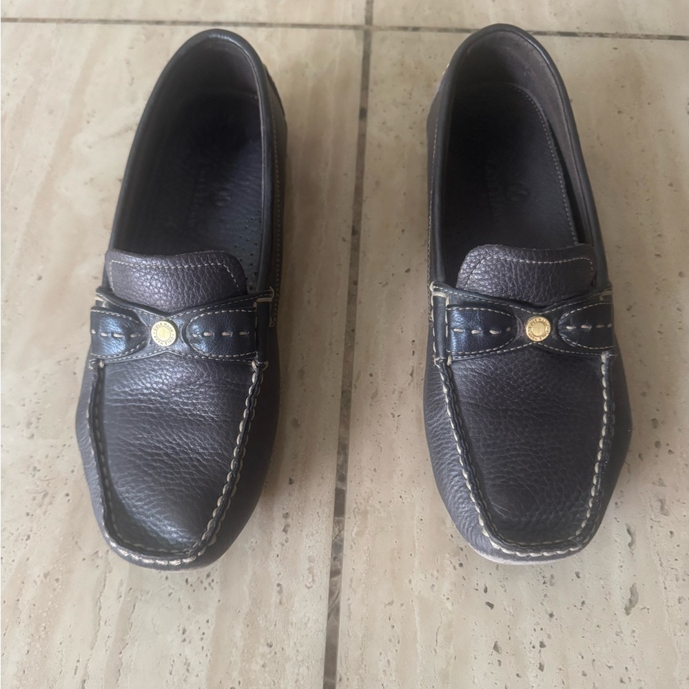 Cole Haan Espresso Leather Slip-Ons with Gold Detail